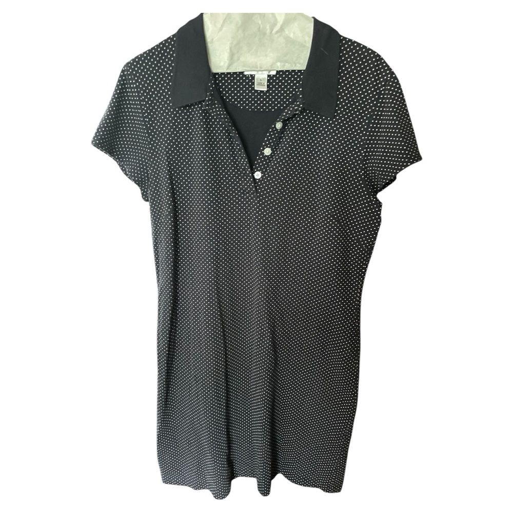 Vtg GUC Talbots Womens L Cotton Polo Dress Navy Mini White Polka Dots Preppy